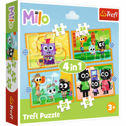 Trefl 4 in 1 Puzzle - Milo, Kinderpuzzle, Kinder, 12 + 15 + 20 + 24 Teile, 28.5 x 20.5 cm, 34654