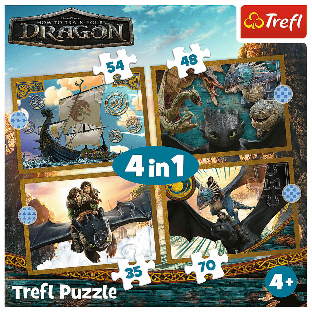 Trefl 4 in 1 Puzzle - Dragons, Kinderpuzzle, Kinder, 35 + 48 + 54 + 70 Teile, 28.5 x 20.5 cm, 34678