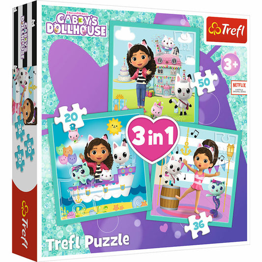 Trefl 3 in 1 Puzzle - Gabbys Dollhouse, Kinderpuzzle, Kinder, 20 + 50 + 36 Teile, 20 x 19.5 cm, 34871