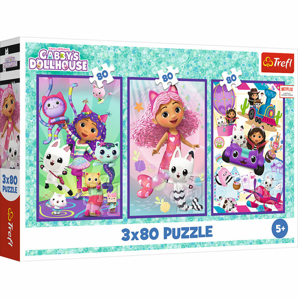 Trefl Puzzle Gabbys Dollhouse, Kinderpuzzle, Kinder, 3 x 80 Teile, 41 x 27.8 cm, 34882