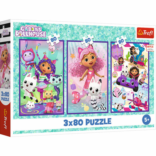 Trefl Puzzle Gabbys Dollhouse, Kinderpuzzle, Kinder, 3 x 80 Teile, 41 x 27.8 cm, 34882