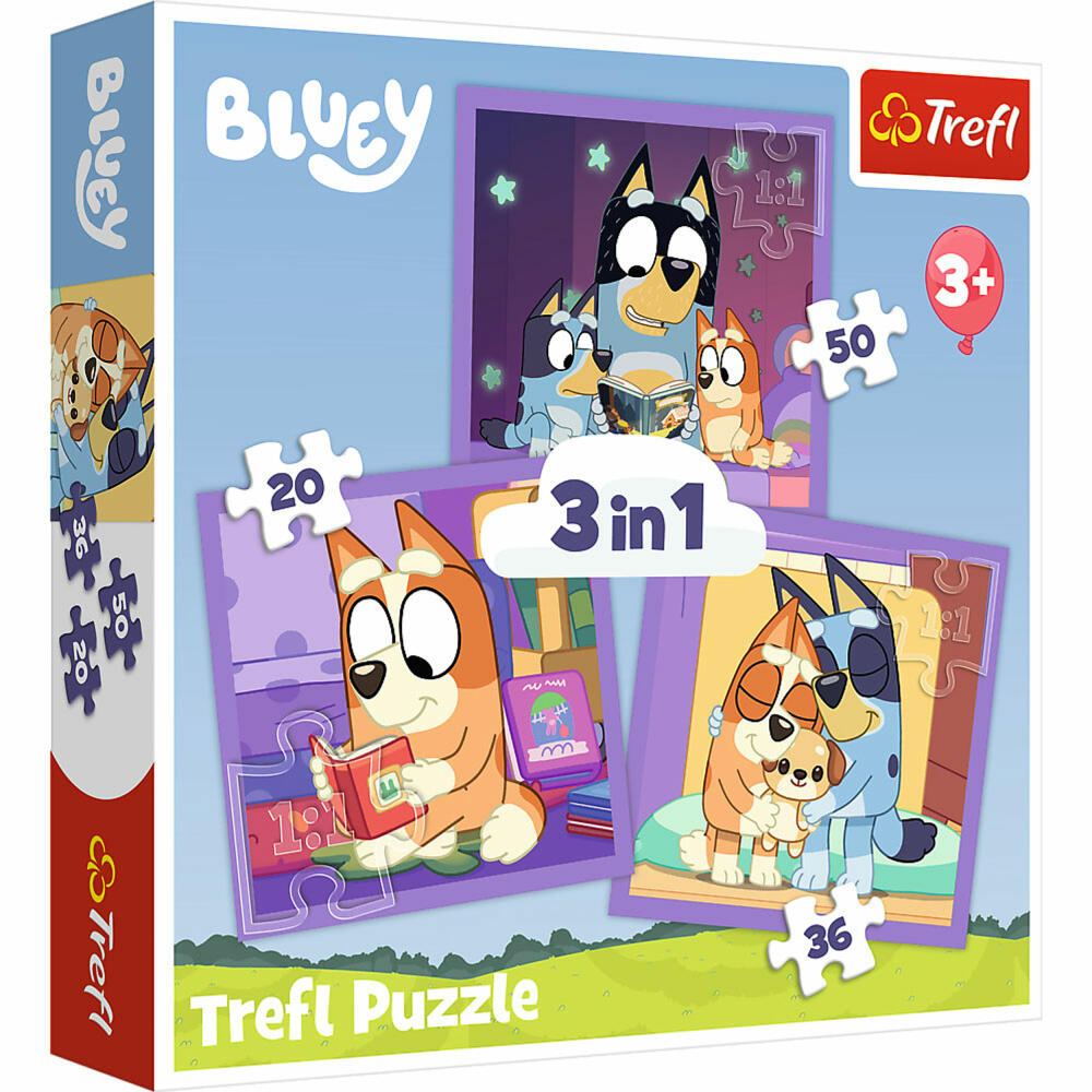 Trefl 3 in 1 Puzzle - Bluey, Kinderpuzzle, Kinder, 20 + 50 + 36 Teile, 20 x 19.5 cm, 34895