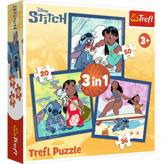 Trefl 3 in 1 Puzzle - Lilo & Stitch, Kinderpuzzle, Kinder, 20 + 50 + 36 Teile, 20 x 19.5 cm, 34896