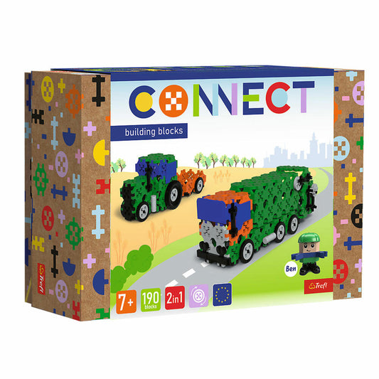 Trefl CONNECT M - Müllwagen Trecker mit Anhänger, Bausteine, Bauklötze, ab 7 Jahren, 190 Teile, 61975