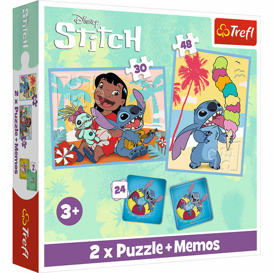 Trefl 2 in 1 Puzzles + Memo- Lilo & Stitch, Kinderpuzzle, Memospiel, 30 + 48 Teile, 27.5 x 20.5 cm, 93585