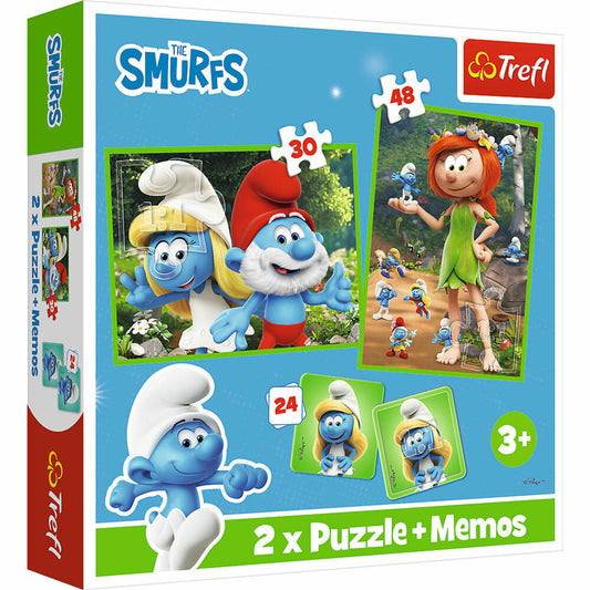 Trefl 2 in 1 Puzzles + Memo-Schlümpfe,, Kinderpuzzle, Memospiel, 30 + 48 Teile, 27.5 x 20.5 cm, 93656