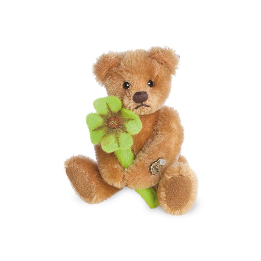 Teddy Hermann Miniatur Glücksteddy mit Kleeblatt, Miniaturbär, Sammelfigur, Mohairplüsch, 10 cm, 154921
