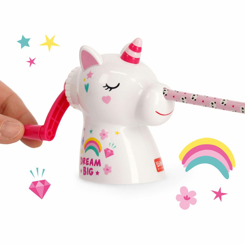 Legami Desktop Pencil Sharpener Dream Big Unicorn, Anspitzer mit Handkurbel, Spitzer, US0001