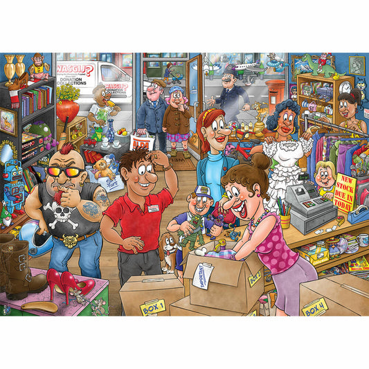 Jumbo Wasgij Mystery 29 - Spenden-Desaster, Puzzle, Erwachsenenpuzzle, 1000 Teile, 1110100513