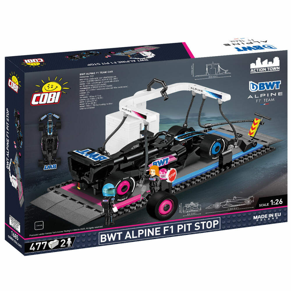 Cobi Klemmbaustein-Set BWT Alphine F1 Pit Stop, Rennauto mit Boxenstop, 477 Teile, COBI-1685