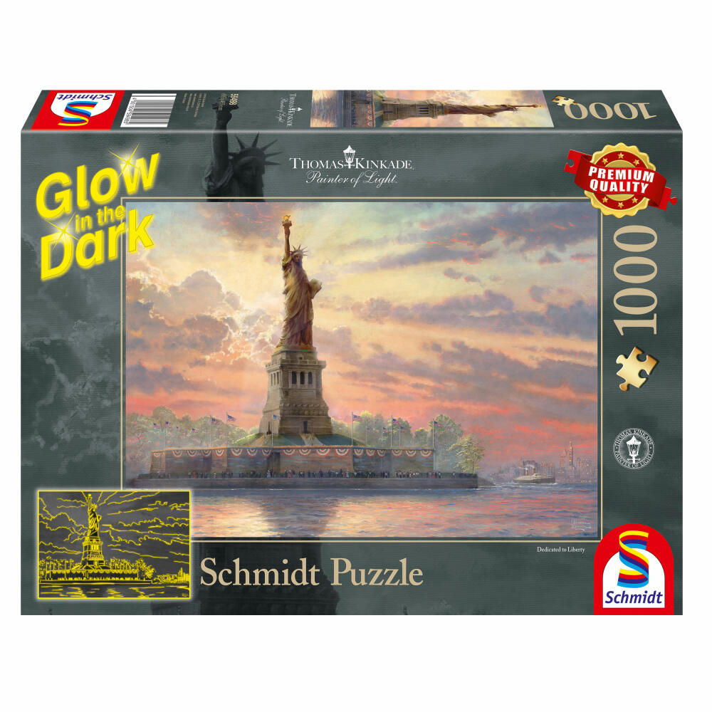 Schmidt Spiele Thomas Kinkade Freiheitsstatue In Der Abenddämmerung Glow In The Dark, 1000 Teile, Erwachsenenpuzzle, Puzzle, Steckpuzzle, 59498