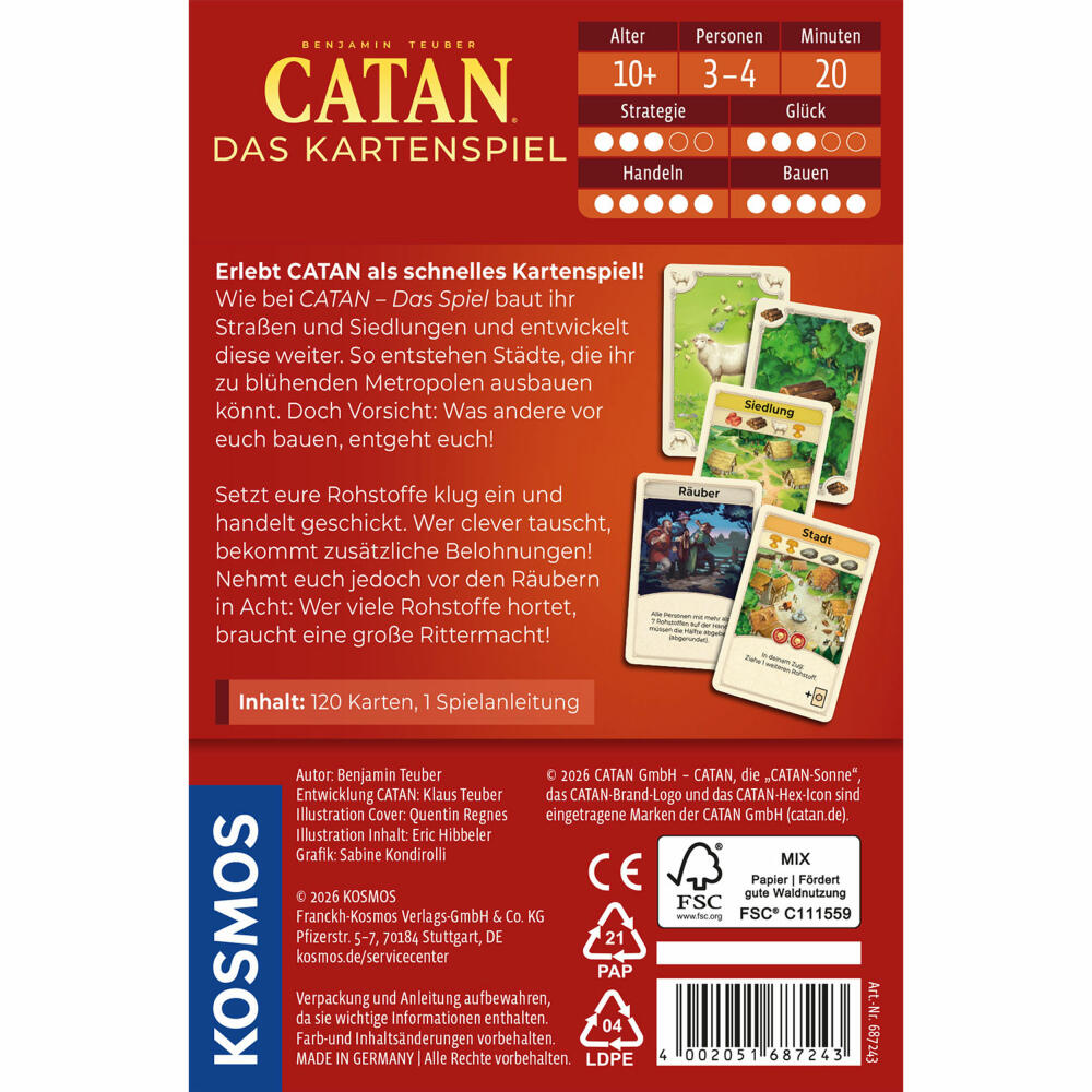 KOSMOS CATAN Das Kartenspiel, Gesellschaftsspiel, Familienspiel, Eigenständiges Spiel, ab 10 Jahren, 687243