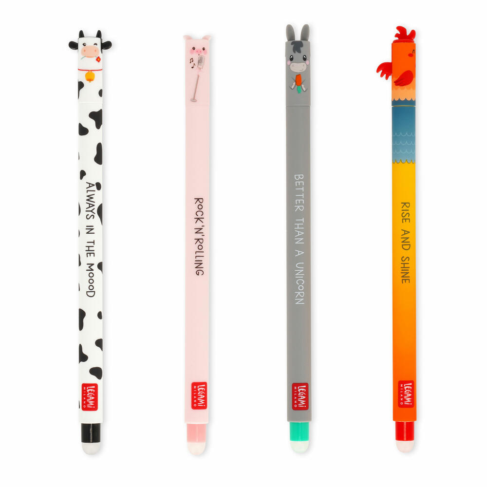 Legami Erasable Gel Pen Set Farm Sweet Farm, 4-tlg., löschbare Gelstifte, Gelschreiber, Kuh, Schwein, Esel, Hahn, EPSET0016