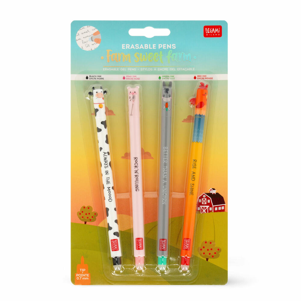 Legami Erasable Gel Pen Set Farm Sweet Farm, 4-tlg., löschbare Gelstifte, Gelschreiber, Kuh, Schwein, Esel, Hahn, EPSET0016