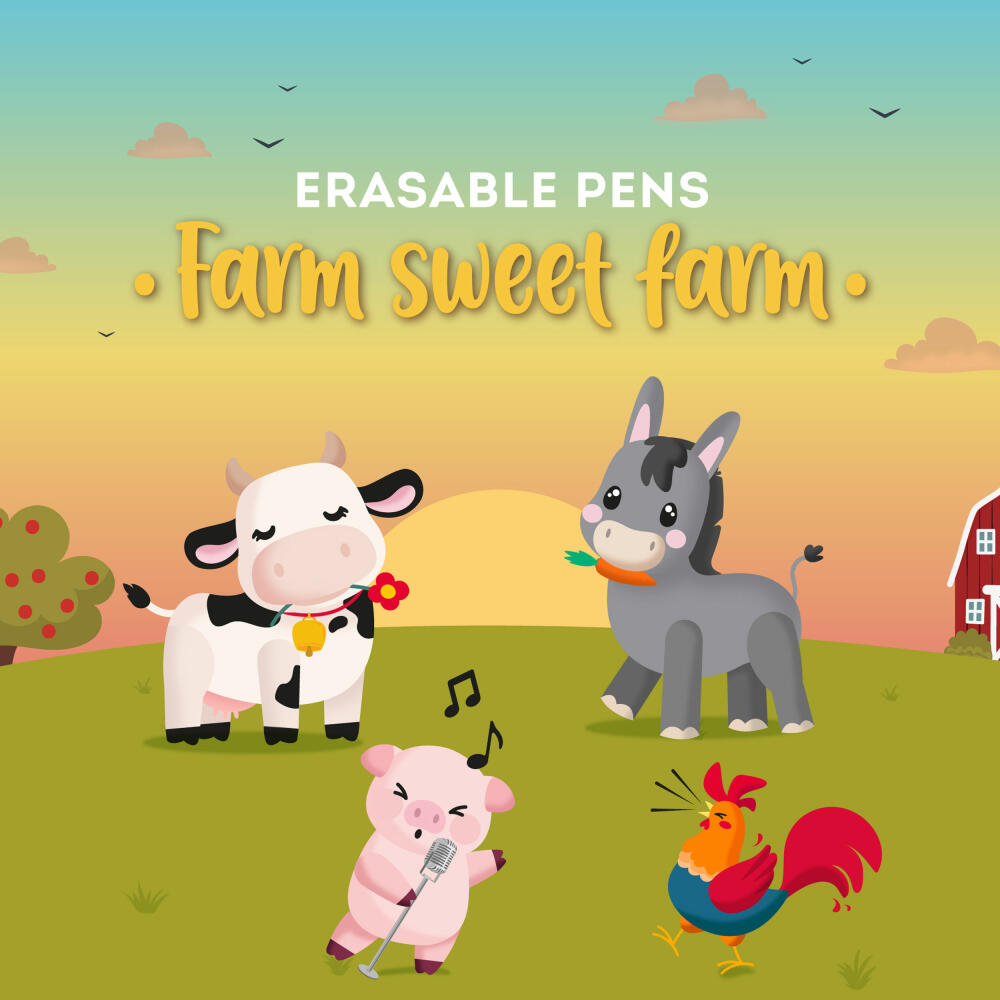 Legami Erasable Gel Pen Set Farm Sweet Farm, 4-tlg., löschbare Gelstifte, Gelschreiber, Kuh, Schwein, Esel, Hahn, EPSET0016