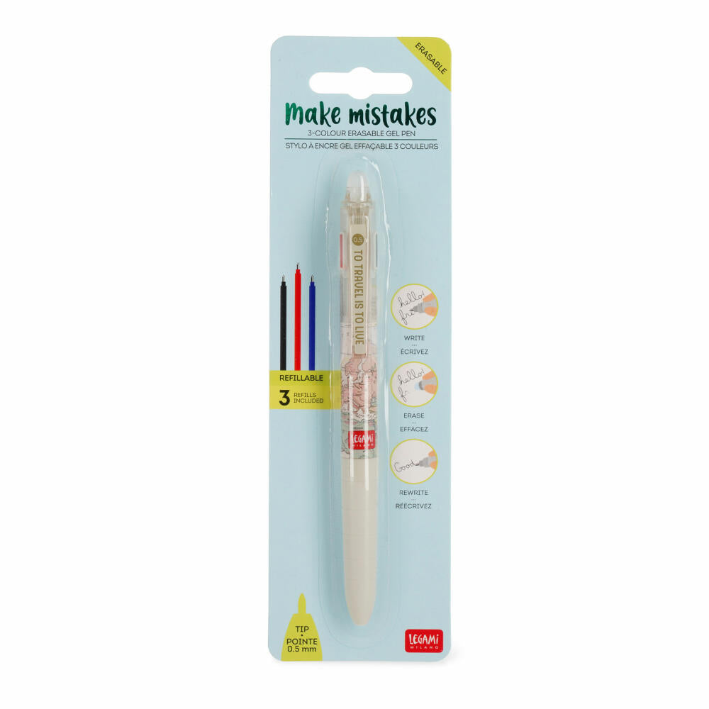 Legami 3-Colour Erasable Gel Pen Make Mistakes Travel, Löschbarer Gelstift, Stift, TEP0001