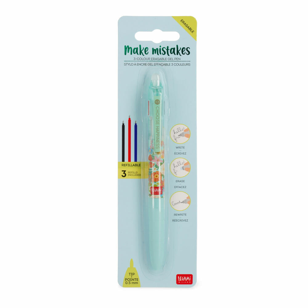 Legami 3-Colour Erasable Gel Pen Make Mistakes Flowers, Löschbarer Gelstift, Stift, TEP0002