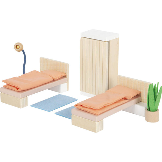 Legler Small Foot Puppenhausmöbel Schlafzimmer, Puppenhaus, Spielhaus, ab 3 Jahre, Holz / Stoff, Bunt, 12631