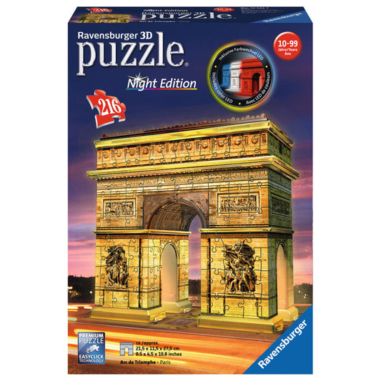 Ravensburger 3D Puzzle Bauwerke Triumphbogen Bei Nacht, Night Edition, Kinderpuzzle, Erwachsenenpuzzle, Puzzlespiel, Easy Click Technology, Inklusive Farbwechsel LED, 216 Teile, 12522 7